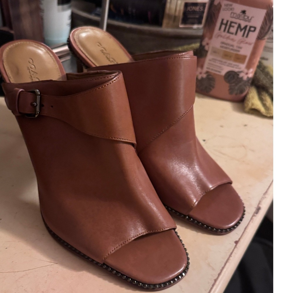 Coach Womens Brown Leather Buckle Mule Open Toe Stiletto Heels Size 10B